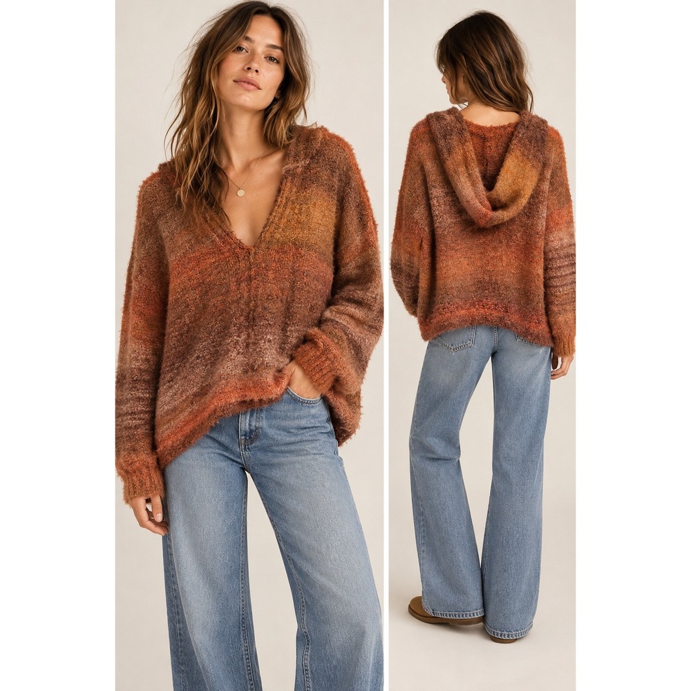 Free People Hoodie S Orange Brown Ombre Fuzzy V-Neck Boho Oversized Sweater